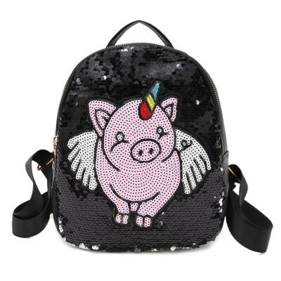 

Sequins Pig Decor Travel Backpacks Women School Bags Leather Small Knapsack