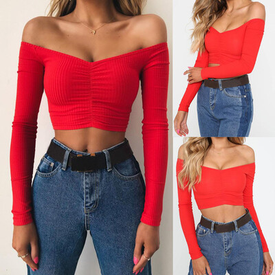 

Nomeni Fashion Womens Casual Off Shoulder Long Sleeve Short Strapless Tee T-shirt Tops