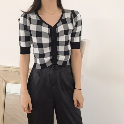 

Vintage Pleated Drawstring Collar Exposure Belly Contrast Plaid Short Sleeve Sweater Top