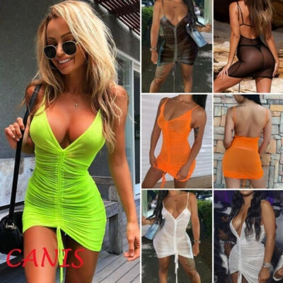

Sexy Women Mesh Sheer See Through Sleeveless Bodycon Club Mini Short Dress