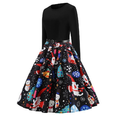 

Cross-border foreign trade Christmas womens autumn&winter round neck long-sleeved black spell printing retro large dress C056