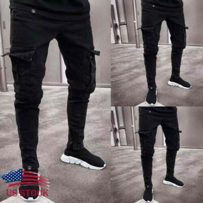 

US Mens Jeans Long Pants Denim Cargo Skinny Slim Fit Biker Work Casual Trousers