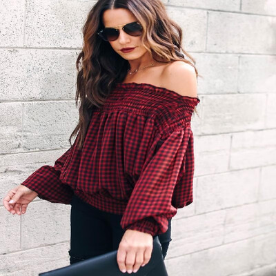 

2018ebay sizzling autumn&winter Europe&America womens word collar ruffled off-the-shoulder plaid T-shirt top A021 Wine