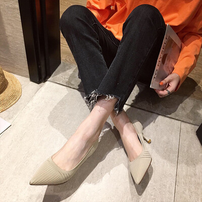 

2019 autumn new flying woven pointed high heels female Europe&America fine with shallow mouth wild solid color high heels