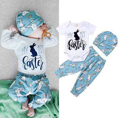 

2019 My 1st Easter Newborn Baby Boy Girl Short Sleeve Romper Leggings Hat 3PCS Cotton Clothes 0-18M