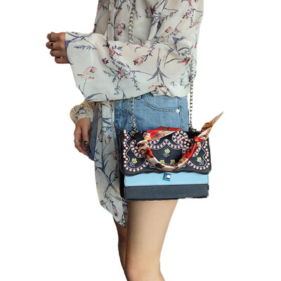 

Fashion Women Embroidery Crossbody Bag Messenger Bag Rivet Shoulder Bag PU Leather Bag BlackWhite
