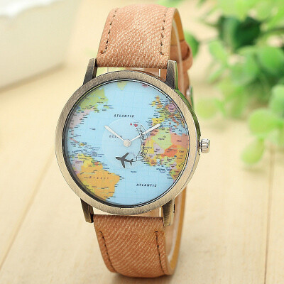 

Top Brand Fashion Plane And World Map Denim Fabric Band Watch Casual Women Wristwatches Quartz Watch Relogio Feminino Gift F