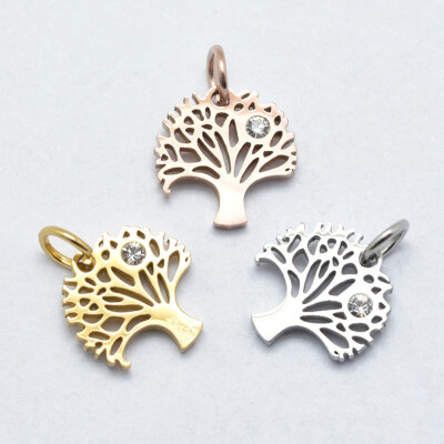 

316 Stainless Steel Pendants with Cubic Zirconia Tree Clear Mixed Color 12x12x2mm Hole 3mm