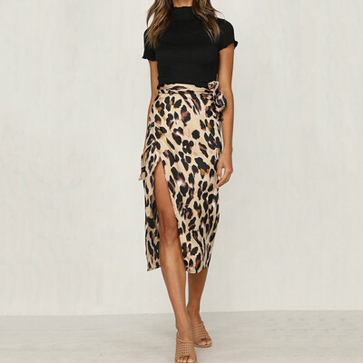 

Womens Leopard Print Harajuku Version High Waist Slim Hip Wrap Slit Summer Skirt
