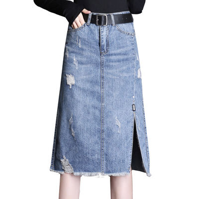 

Women Spring Summer High-Waist Skirt Half-length Hole Split Zipper Solid Color Denim Skirt Blue 3XL