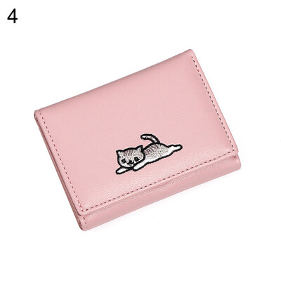 

Cartoon Cat Embroidery Tri-fold Purse Card Cash Holder Women Faux Leather Wallet