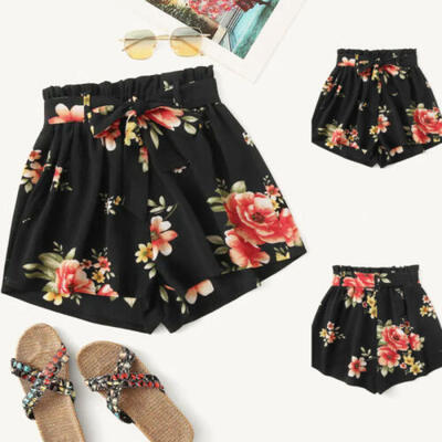 

2019 Womens High Waisted Paper Bag Tie Belt Shorts Ladies Summer Holiday Pants
