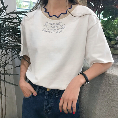 

Summer Tops Womens Harajuku Style Lace Round Neck Letter Print Short Sleeve Loose Pullover T-Shirt camisetas verano mujer