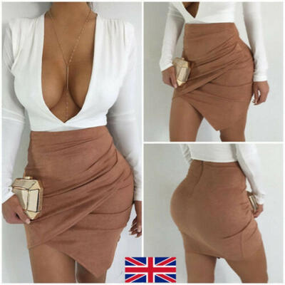 

Women Ladies High Waisted Pencil Skirt Bodycon Suede Leather Mini Skirts Club UK