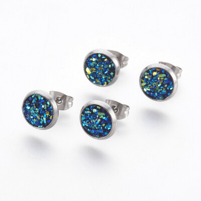 

304 Stainless Steel Stud Earrings with Resin Druzy Flat Round PrussianBlue 14x10mm Pin 08mm