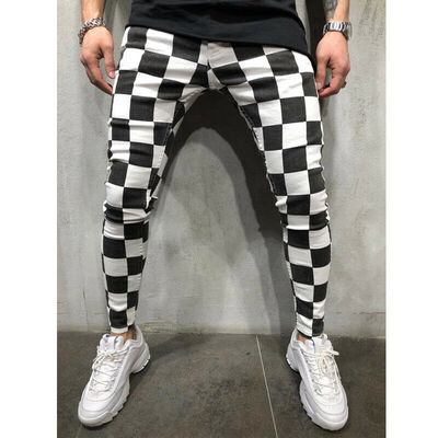

Mens Summer Fashion Slim Comfortable Striped Plaid Black White Casual Pants
