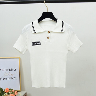 

New Tshirt Womens Sexy Turn-down Collar Knitted Top Tees Casual T Shirt Short Sleeve Crop Top