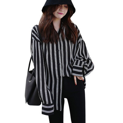 

2019 New Long Sleeve Turn-down Collar Oversize Shirt Women Tops Casual Striped Shirt Blouse 2019 Women White Tops Streetwear