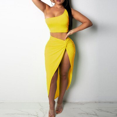 

Roseonmyhand Fashion Women Sexy Solid One Shoulder Short Top Bodycon Tank Split Skirt Suit