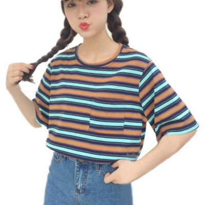 

T-shirt Women Summer Clothing Korean Style Harajuku Striped Short Sleeve T-shirts Woman Casual Basic Shirt Top