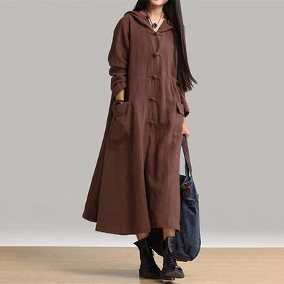 

PLUS -4XL Women Vintage Hooded Hoodies Jackets Long Coats Outerwear Maxi Dress