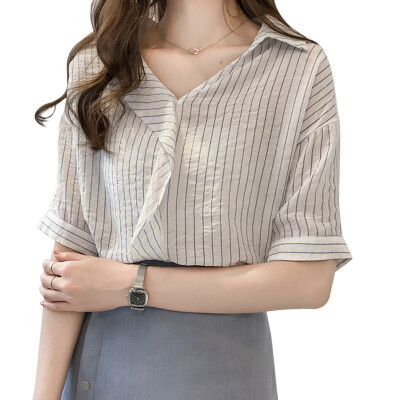 

new Korean version of the ruffled striped shirt Womens loose half-sleeved shirt Wild Thin shirt