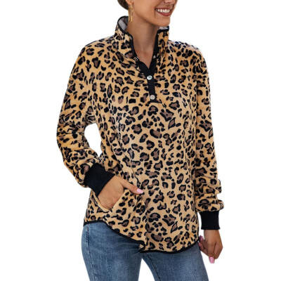 

Autumn Winter women Casual Leopard zip print stand collar plush long sleeve sweatershirt female fashion tops