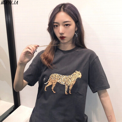 

Womens Korean Style Round Neck Cartoon Cheetah Print Short Sleeve Loose T-Shirt