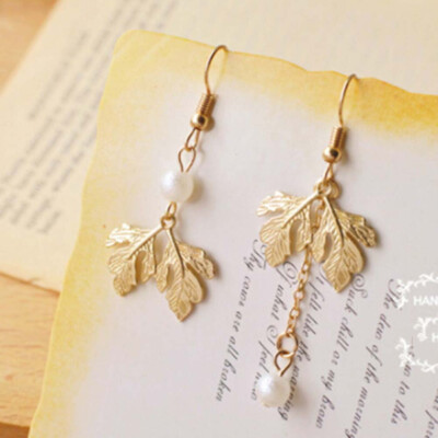 

Elegant Bronze Women Hoop Earrings Leaf Pearl Dangle Earrings Best Gift yuy