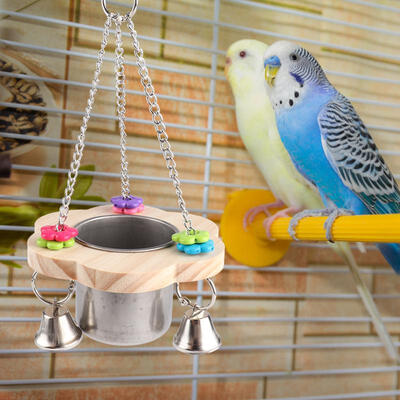 

Greensen Stainless Steel Wood Pet Bird Food Cage Drinking Hanging Feeder Stand Cup Coop Toy for Parrot