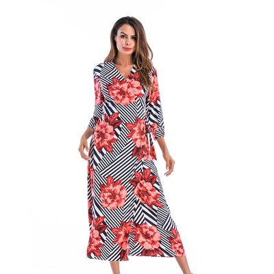 

Tailored Women Long Sleeves Deep V Neck Striped Floral Print Seven Sleeve Long Dress