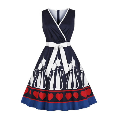 

Foreign trade hot sale ebay Amazon retro Halloween cat print sleeveless big dress Navy