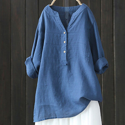 

Nomeni Women Solid Stand Collar Long Sleeve Shirt Casual Loose Blouse Button Down Tops