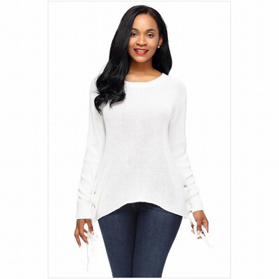 

Round neck long sleeve side cross tie casual knit sweater