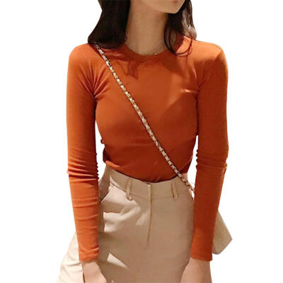 

Autumn Women Casual Basic T-shirts Solid Color Slim Fit Milk Silk Girls Top