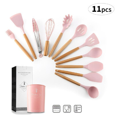 

Kitchen Utensils Set 11Pcs Silicone Non-stick Barreled Cooking Utensils Set Silica Gel Utensil Wooden Handle Kitchenware Set