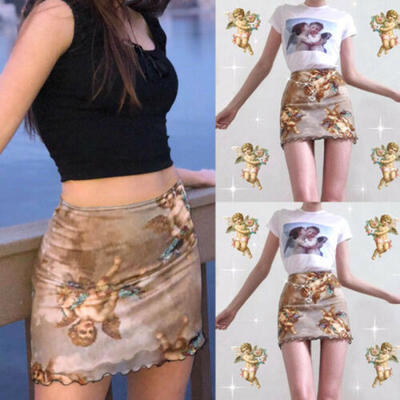 

UK Angel Print Women Stretch Slim Party Mesh Short Mini Skirt Pencil Tight Dress