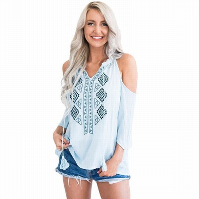 

V-neck seven-point sleeve retro embroidery cold shoulder casual straight top