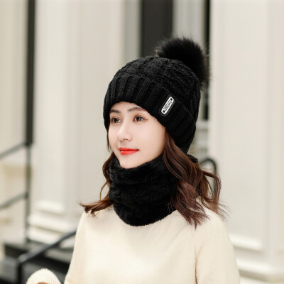 

2pcsSet Women Winter Warm Pom Hat Cap Scarf Neck Thickened Plush Wool Knit