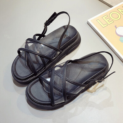 

Transparent Sandals Fairy Wind Flat Bottom Overfire Summer One Word with Black Thick Bottom Muffin Shoes