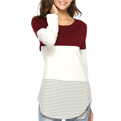 

Nomeni Women Daily Casual Long Sleeve Striped Patchwork Stretchy Tops Blouse T-Shirt