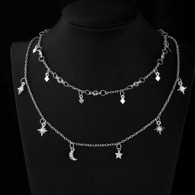 

Hesiod Silver Color Short Chain Multi-layer Choker Collar Necklace for Women Boho Jewelry Crystal Star Moon Sun Necklaces