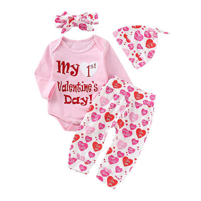 

4pcs Baby Rompers Set Valentines Day Hearts Print Pants Headband Hat Suit