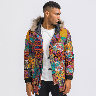 

Gobestart Man Winter Warm Outwear Floral Print Hooded Pockets Vintage Oversize Coats