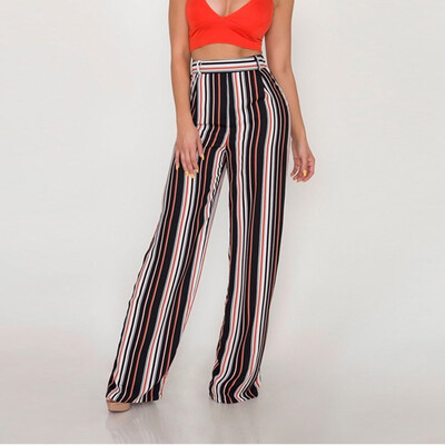 

Women Striped Wide Leg Pants Sweet Pockets Female Casual Chic Loose Trousers
