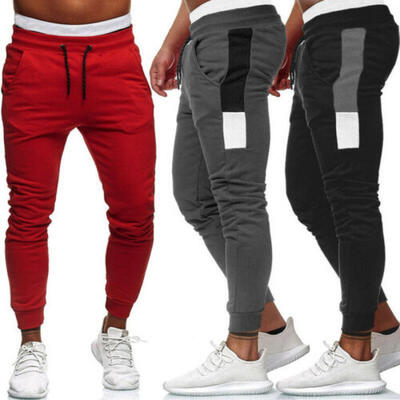 

Mens Track Pants Slim Cuff Trousers Sport Tracksuit Casual Plain Black Grey Red