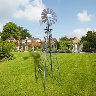 

8Ft Tall Windmill Ornamental Wind Wheel Silver Gray And Red Garden Weather Vane