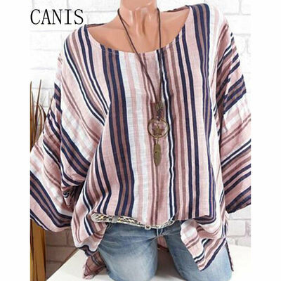 

Plus Size Women Tops Long Sleeve Blouse Cotton Linen Striped Baggy Loose T-Shirt