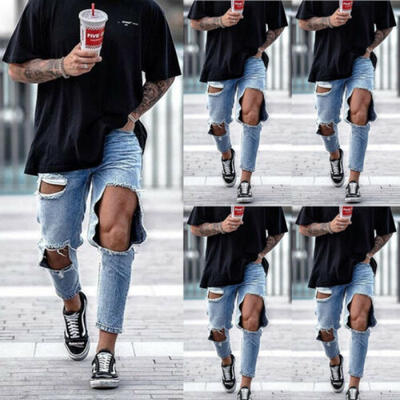 

US Mens Stretchy Ripped Skinny Biker Jeans Destroyed Taped Slim Fit Denim Pants