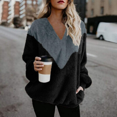 

Autumn Winter Women Casual Pullovers Faux Fur Fluffy Solid Patchwork Sweatshirt V-Neck Streetwear Tops